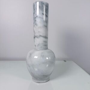 MCM Marble Vase White Gray Black Veined 9.75” tall Slim Neck Round Bulb Bottom